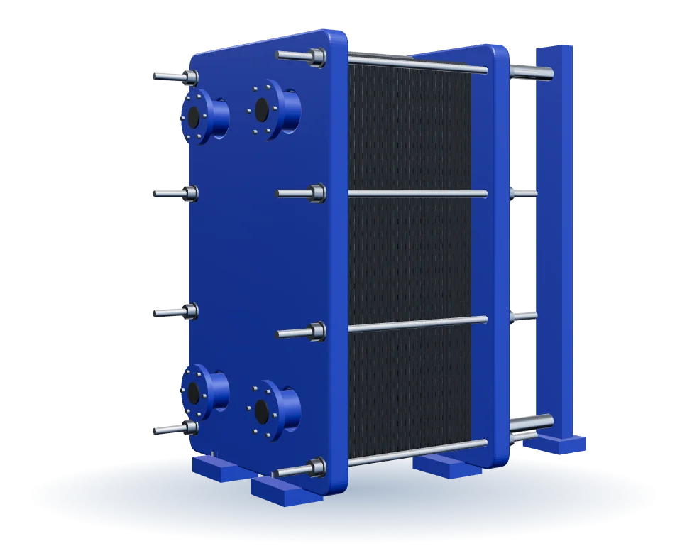 Gasketed plate heat exchanger: frame plate, chevron plate pack, pressure plate and tie bolts