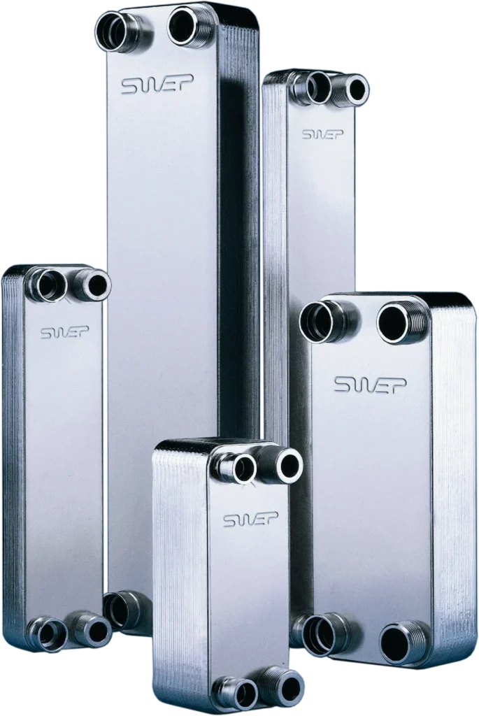 A range of SWEP brazed plate heat exchangers in stainless steel, shown at different plate counts