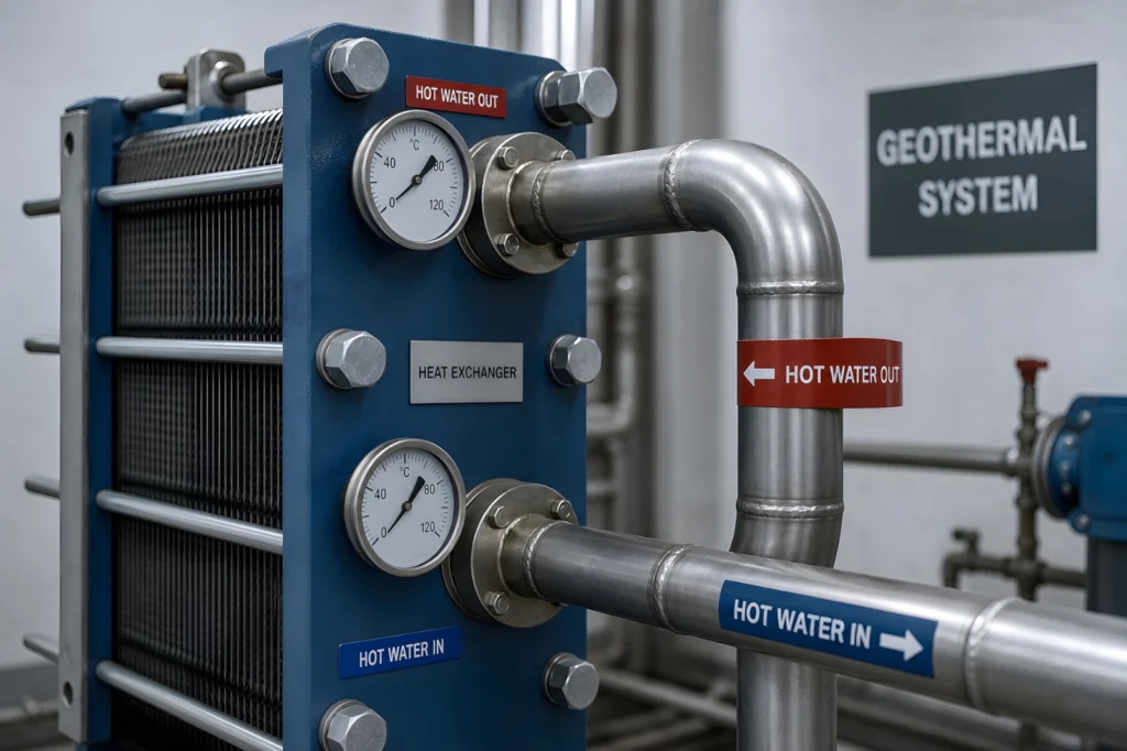 Heat exchanger pipework with pressure gauges