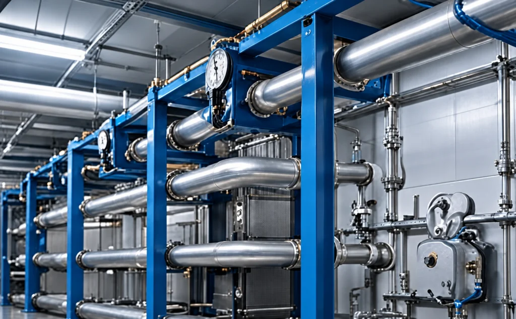 Plate heat exchangers with blue frames in an industrial plant room