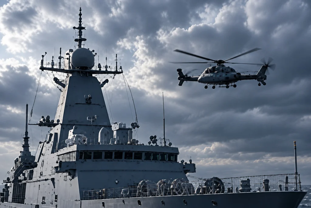 Naval vessel and helicopter at sea