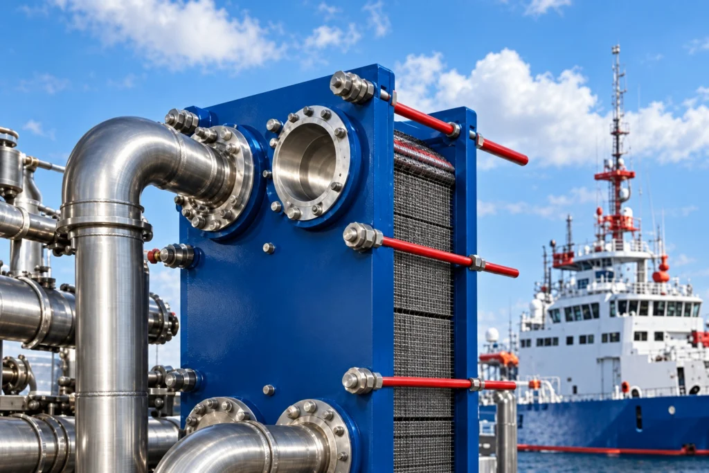 Plate heat exchanger at a marine port with a vessel behind