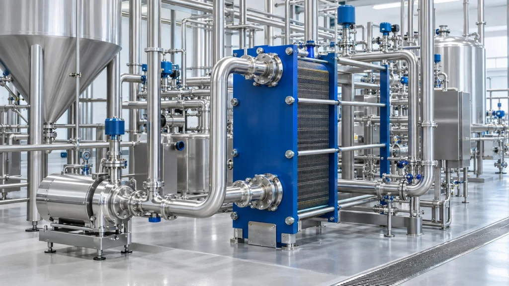 Plate heat exchanger in a food and beverage processing plant