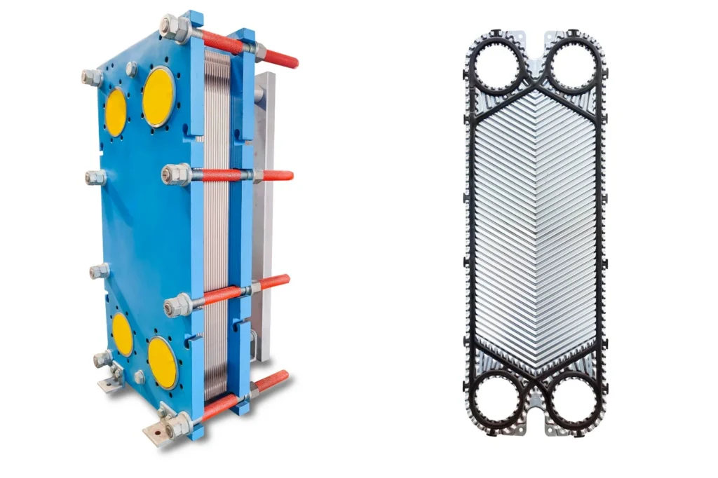 Gasketed plate heat exchanger with a blue frame