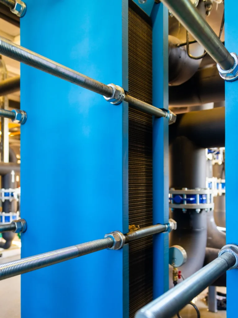 Close-up of plate heat exchanger plates and frame