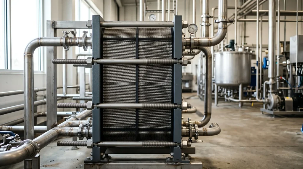 Plate heat exchanger installed in an industrial plant room