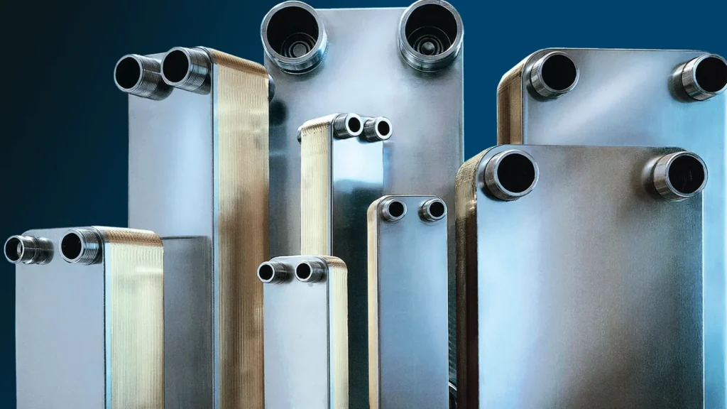 A group of SWEP brazed plate heat exchangers of varying sizes
